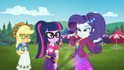 Size: 1894x1080 | Tagged: safe, screencap, applejack, fry lilac, rarity, sci-twi, twilight sparkle, equestria girls, g4, inclement leather, my little pony equestria girls: choose your own ending, applejack's sunglasses, background human, cloud, fabulous, female, glasses, hat, lidded eyes, male, outdoors, ponytail, sky, sunglasses, trio, trio female