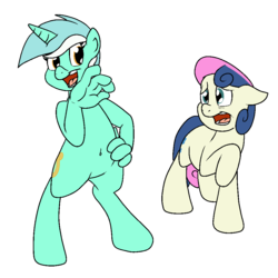 Size: 1000x1000 | Tagged: safe, artist:bennimarru, bon bon, lyra heartstrings, sweetie drops, earth pony, pony, g4, atg 2019, belly button, bipedal, colored, duo, flat colors, four fingers, hand, hand on hip, hands on pony, hoof hands, newbie artist training grounds, noblewoman's laugh, open mouth, simple background, suddenly hands, that pony sure does love hands, transparent background, worried