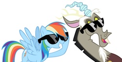 Size: 1623x824 | Tagged: safe, discord, rainbow dash, draconequus, pegasus, pony, g4, awesome, best friend, best friends, buddies, cool, duo, female, friend, friends, male, mare, smiling, sunglasses