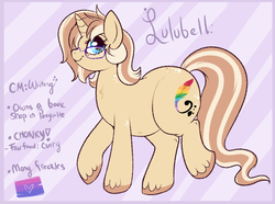 Size: 900x670 | Tagged: safe, artist:lulubell, oc, oc only, oc:lulubell, pony, unicorn, bisexual pride flag, chubby, female, mare, plump, pride, pride flag, reference sheet, solo