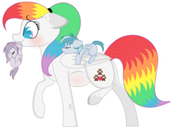 Size: 1024x759 | Tagged: safe, artist:rainbowpawsarts, oc, oc:masato, oc:nora, oc:rainbow paws, pegasus, pony, alternate universe, blushing, carrying, colt, cute, female, filly, hairband, male, mare, mouth hold, multicolored hair, offspring, parent:oc:chalk, parent:oc:rainbow paws, parents:oc x oc, pegasus oc, ponytail, pregnant, rainbow hair, scruff, simple background, sleeping, white background