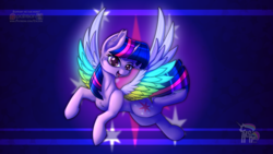 Size: 1280x720 | Tagged: safe, artist:calena, twilight sparkle, alicorn, pony, g4, my little pony: rainbow roadtrip, colored wings, female, mare, multicolored wings, open mouth, rainbow wings, solo, twilight sparkle (alicorn), wallpaper, wing bling, wings
