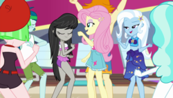 Size: 1267x720 | Tagged: safe, screencap, captain planet, drama letter, fluttershy, octavia melody, paisley, trixie, valhallen, watermelody, equestria girls, equestria girls series, g4, i'm on a yacht, spoiler:eqg series (season 2), ass, background human, butt, clothes, female, hat, legs, male, midriff, sarong, shorts, swimming trunks, swimsuit, treblebutt