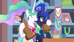 Size: 1920x1080 | Tagged: safe, screencap, princess celestia, princess luna, alicorn, pony, between dark and dawn, g4, alternate hairstyle, bare hooves, clothes, duo, eyes closed, eyeshadow, female, folded wings, hair bun, hawaiian shirt, horse collar, lotta little things, makeup, mare, one eye closed, ponytail, royal sisters, shirt, sibling love, siblings, sisterly love, sisters, tail bun, vacation, wings, wink