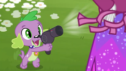 Size: 1280x720 | Tagged: safe, screencap, rarity, spike, spike the regular dog, dog, equestria girls, equestria girls series, g4, inclement leather, spoiler:choose your own ending (season 2), spoiler:eqg series (season 2), hair dryer, happy, male, paws, spike's dog collar, tail