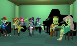Size: 5120x3072 | Tagged: safe, artist:n3onh100, applejack, fluttershy, pinkie pie, rainbow dash, rarity, sci-twi, sunset shimmer, twilight sparkle, equestria girls, equestria girls series, g4, 3d, bass guitar, chair, drums, geode of empathy, geode of fauna, geode of super strength, geode of telekinesis, gmod, guitar, humane five, humane seven, humane six, keyboard, magical geodes, microphone, musical instrument, piano, room, shoes, sneakers, speaker, tambourine, the rainbooms