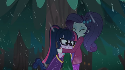 Size: 1280x720 | Tagged: safe, screencap, rarity, sci-twi, twilight sparkle, equestria girls, g4, inclement leather, inclement leather: twilight sparkle, my little pony equestria girls: choose your own ending, eyes closed, female, glasses, hug, ponytail, rain, tree
