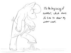 Size: 1776x1320 | Tagged: safe, artist:sidekick, earth pony, pony, bipedal, black and white, comic, fur, grayscale, male, monochrome, shaving, sketch, solo, stallion, standing, stool, text, towel