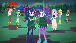 Size: 1280x720 | Tagged: safe, screencap, duke suave, rarity, sci-twi, snow flower, twilight sparkle, equestria girls, g4, inclement leather, inclement leather: twilight sparkle, my little pony equestria girls: choose your own ending, background human, boots, clothes, dress, feet, female, glasses, high heels, legs, male, mud, pantyhose, poncho, ponytail, sandals, shoes, shorts, skirt, wet, wet mane, wet mane rarity, wet mane twilight sparkle