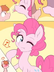 Size: 1536x2048 | Tagged: safe, artist:akainu_pony, pinkie pie, oc, earth pony, pony, g4, blushing, comic, female, food, frosting, licking, mare, music notes, one eye closed, tongue out