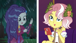 Size: 1280x720 | Tagged: safe, screencap, rarity, vignette valencia, equestria girls, g4, inclement leather, inclement leather: vignette valencia, my little pony equestria girls: choose your own ending, cellphone, clothes, duo, duo female, female, hashtag rain hair don't care, makeup, mascarity, phone, rain, running makeup, smartphone, split screen, wet, wet hair, wet hairity
