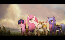 Size: 1280x800 | Tagged: safe, artist:plotcore, princess celestia, princess luna, twilight sparkle, alicorn, pony, unicorn, g4, female, mare, newbie artist training grounds, pink-mane celestia, s1 luna, saddle bag, trio, unicorn twilight, young celestia, young luna