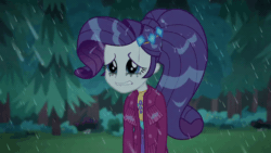 Size: 1280x720 | Tagged: safe, screencap, rarity, equestria girls, g4, inclement leather, my little pony equestria girls: choose your own ending, animated, blinking, clothes, female, forest, gif, jacket, makeup, marshmelodrama, mascarity, rain, rarity being rarity, running makeup, sad, solo, suede jacket, tree