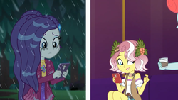 Size: 1280x720 | Tagged: safe, screencap, rarity, vignette valencia, equestria girls, g4, inclement leather, inclement leather: vignette valencia, my little pony equestria girls: choose your own ending, cellphone, clothes, duo, duo female, female, phone, rain, smartphone, wet, wet hair, wet hairity