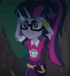 Size: 672x720 | Tagged: safe, screencap, sci-twi, twilight sparkle, equestria girls, g4, inclement leather, inclement leather: twilight sparkle, my little pony equestria girls: choose your own ending, animated, animated screencap, blinking, cropped, cute, female, forest, geode of telekinesis, gif, glasses, looped, magical geodes, rain, solo, talking, tree, twiabetes