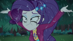 Size: 1280x720 | Tagged: safe, screencap, rarity, equestria girls, equestria girls series, g4, inclement leather, spoiler:choose your own ending (season 2), spoiler:eqg series (season 2), female, forest, makeup, rain, running makeup, solo, tree