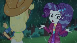 Size: 1280x720 | Tagged: safe, applejack, rarity, equestria girls, equestria girls series, g4, inclement leather, my little pony equestria girls: choose your own ending, spoiler:eqg series (season 2), clothes, cowboy hat, dress, female, hat, inclement leather: vignette valencia, rain, stetson, wet hair, wet hairity