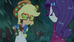 Size: 1280x720 | Tagged: safe, screencap, applejack, rarity, equestria girls, g4, inclement leather, inclement leather: applejack, my little pony equestria girls: choose your own ending, applejack's hat, cowboy hat, dirty, forest, glasses, hat, mud, rain, sunglasses