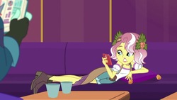 Size: 1280x720 | Tagged: safe, screencap, rift axe, vignette valencia, equestria girls, g4, inclement leather, inclement leather: vignette valencia, my little pony equestria girls: choose your own ending, cellphone, couch, cup, draw me like one of your french girls, female, male, newspaper, offscreen character, phone, pillow, reclining, selfie, smartphone, table