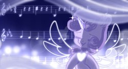 Size: 1217x657 | Tagged: safe, artist:auroracursed, sweetie belle, pony, unicorn, children of the night, g4, female, magic, male, music notes, singing, smiling, solo