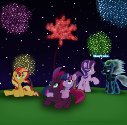 Size: 5633x5575 | Tagged: safe, artist:ejlightning007arts, fizzlepop berrytwist, starlight glimmer, sunset shimmer, tempest shadow, trixie, twilight sparkle, alicorn, pony, unicorn, g4, adorable face, canada, canada day, cute, fireworks, lying down, magical quartet, magical quintet, magical trio, night, shimmerbetes, shocked, sitting, tempestbetes, twiabetes, twilight sparkle (alicorn)