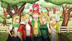 Size: 2000x1142 | Tagged: safe, artist:brother-lionheart, apple bloom, applejack, big macintosh, bright mac, granny smith, pear butter, human, g4, apple family, family, fence, humanized, tree