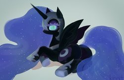 Size: 1200x773 | Tagged: safe, artist:kirinit, nightmare moon, alicorn, pony, g4, black coat, butt, ethereal mane, female, full body, helmet, hoof shoes, horn, looking at you, lying down, mane, mare, nightmare moonbutt, plot, simple background, solo, starry mane, the ass was fat