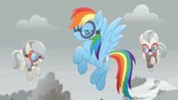Size: 480x270 | Tagged: safe, screencap, barley barrel, pickle barrel, rainbow dash, pegasus, pony, g4, rainbow roadtrip, animated, aviator goggles, barrel twins, barrette, bedroom eyes, brother and sister, colt, female, filly, gif, goggles, lidded eyes, male, one eye closed, siblings, twins, wink