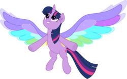 Size: 8120x5065 | Tagged: safe, artist:suramii, twilight sparkle, alicorn, pony, g4, rainbow roadtrip, absurd resolution, colored wings, colorful, cute, female, flying, happy, mare, multicolored wings, rainbow, rainbow wings, simple background, smiling, solo, transparent background, twiabetes, twilight sparkle (alicorn), underhoof, vector, wing bling, wings