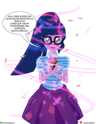 Size: 3090x4000 | Tagged: safe, artist:dieart77, sci-twi, twilight sparkle, human, equestria girls, g4, my little pony equestria girls: better together, blushing, book, clothes, female, geode of telekinesis, glasses, ivrea argentina, magic, magical geodes, manga, ponytail, simple background, skirt, solo, spanish, speech bubble, translated in the comments, white background