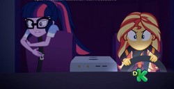 Size: 1474x754 | Tagged: safe, sci-twi, sunset shimmer, twilight sparkle, equestria girls, equestria girls series, g4, sunset's backstage pass!, spoiler:eqg series (season 2), angry, driving, shrunken pupils