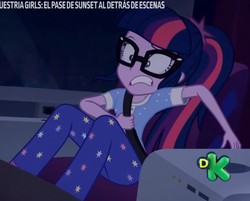 Size: 1002x805 | Tagged: safe, screencap, sci-twi, twilight sparkle, equestria girls, equestria girls specials, g4, my little pony equestria girls: better together, my little pony equestria girls: sunset's backstage pass, clothes, cropped, female, glasses, pajamas, seatbelt, shocked expression, solo