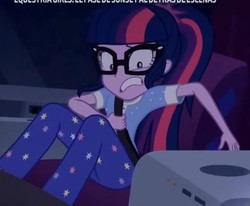 Size: 858x708 | Tagged: safe, sci-twi, twilight sparkle, equestria girls, equestria girls specials, g4, my little pony equestria girls: better together, my little pony equestria girls: sunset's backstage pass, clothes, pajamas, scared, shocked expression