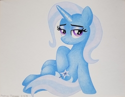 Size: 3588x2768 | Tagged: safe, artist:maximustimaeus, trixie, pony, unicorn, g4, colored pencil drawing, female, high res, lidded eyes, mare, sitting, smiling, solo, traditional art