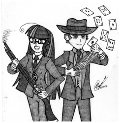 Size: 3582x3666 | Tagged: safe, artist:php71, sci-twi, timber spruce, twilight sparkle, equestria girls, g4, duo, female, hellsing, hellsing ultimate, high res, male, millennium, monochrome, musket, poker card, rip van winkle, shipping, straight, timbertwi, tubalcain alhambra