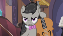 Size: 1669x939 | Tagged: safe, screencap, octavia melody, pony, g4, slice of life (episode), bow (instrument), cello, cropped, female, glare, looking at you, mare, musical instrument, octavia is not amused, solo, unamused