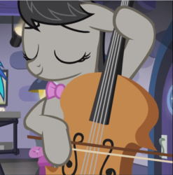 Size: 929x940 | Tagged: safe, screencap, octavia melody, pony, g4, slice of life (episode), bow (instrument), cello, cropped, eyes closed, female, floppy ears, mare, musical instrument, playing instrument, relaxed, smiling, solo