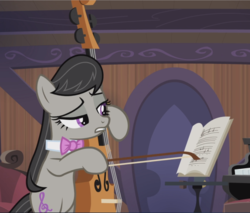 Size: 1104x940 | Tagged: safe, screencap, octavia melody, earth pony, pony, g4, slice of life (episode), bipedal, bow (instrument), cello, cropped, female, mare, musical instrument, pointing, solo