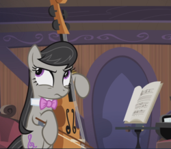 Size: 1079x940 | Tagged: safe, screencap, octavia melody, earth pony, pony, g4, slice of life (episode), bipedal, bow (instrument), cello, cropped, female, mare, musical instrument, solo, thinking