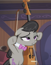 Size: 736x941 | Tagged: safe, screencap, octavia melody, earth pony, pony, g4, slice of life (episode), bipedal, bow (instrument), cello, cropped, disappointed, female, floppy ears, lidded eyes, mare, musical instrument, slouching, solo