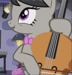 Size: 908x940 | Tagged: safe, screencap, octavia melody, earth pony, pony, g4, slice of life (episode), bow (instrument), cello, cropped, female, mare, musical instrument, open mouth, reaction image, solo