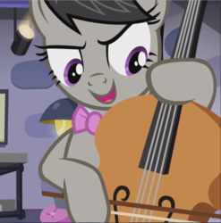 Size: 929x940 | Tagged: safe, screencap, octavia melody, earth pony, pony, g4, slice of life (episode), >:d, bow (instrument), cello, cropped, female, mare, musical instrument, open mouth, playing instrument, solo