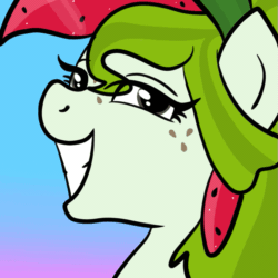 Size: 849x849 | Tagged: safe, artist:sjart117, oc, oc only, oc:watermelana, pony, animated, bust, caption, deal with it, female, freckles, gif, gif with captions, gradient background, grin, looking at you, mare, portrait, smiling, solo, sunglasses