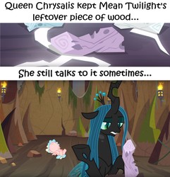 Size: 1921x1991 | Tagged: safe, edit, edited screencap, editor:leonidus, screencap, cozy glow, mean twilight sparkle, queen chrysalis, changeling, changeling queen, pegasus, pony, frenemies (episode), g4, the mean 6, captain obvious, cave, cropped, dead, fainted, female, filly, funny, implied insanity, logo, meme, moss, rock, shrug, stalagmite, text, torch, twilog, wood