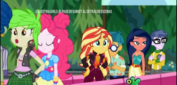 Size: 1280x614 | Tagged: safe, screencap, cherry crash, desert sage, doodle bug, microchips, pinkie pie, sunset shimmer, equestria girls, equestria girls series, g4, sunset's backstage pass!, spoiler:eqg series (season 2), cellphone, clothes, crossed arms, female, geode of empathy, geode of sugar bombs, glasses, magical geodes, male, pants, phone, smartphone