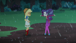 Size: 2208x1242 | Tagged: safe, screencap, applejack, rarity, equestria girls, equestria girls series, g4, inclement leather, spoiler:choose your own ending (season 2), spoiler:eqg series (season 2), inclement leather: applejack, mud, mud puddle, rain, wet hair, wet hairity