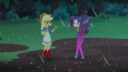 Size: 2208x1242 | Tagged: safe, screencap, applejack, rarity, equestria girls, equestria girls series, g4, inclement leather, spoiler:choose your own ending (season 2), spoiler:eqg series (season 2), applejack's sunglasses, female, inclement leather: applejack, mud puddle, rain, shipping fuel, sunglasses, wet hair, wet hairity