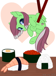 Size: 3455x4647 | Tagged: safe, artist:seona, oc, oc:watermelon success, pegasus, pony, chopsticks, ear tufts, food, imminent vore, implied vore, micro, person as food, sushi