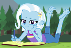 Size: 3249x2206 | Tagged: safe, artist:grapefruitface1, trixie, equestria girls, g4, my little pony equestria girls: legend of everfree, barefoot, base used, bedroom eyes, cute, diary, diatrixes, feet, female, grass, high res, looking at you, notebook, outdoors, pen, prone, show accurate, soles, solo, tree