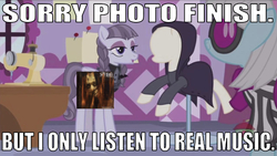 Size: 640x362 | Tagged: safe, edit, edited screencap, editor:undeadponysoldier, screencap, inky rose, photo finish, earth pony, pegasus, pony, g4, honest apple, album cover, caption, carousel boutique, clothes, dress, female, glasses, goth, image macro, lowres, makeup, mare, ponyquin, sewing machine, spf 1000 (band), text, witch hunt